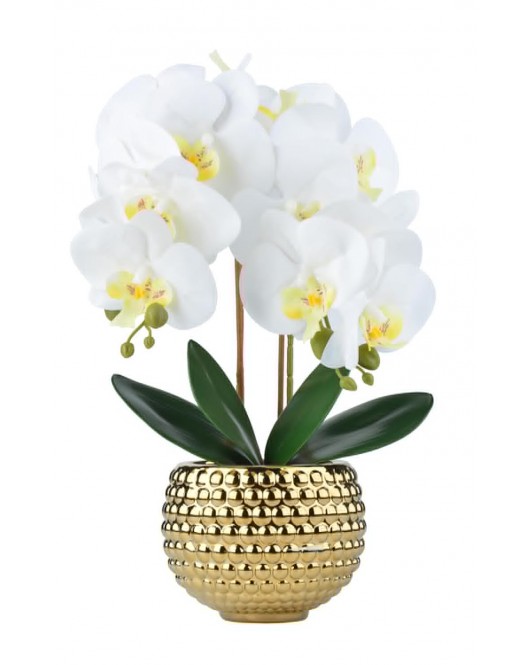 Large Gold White Faux Orchid Pot